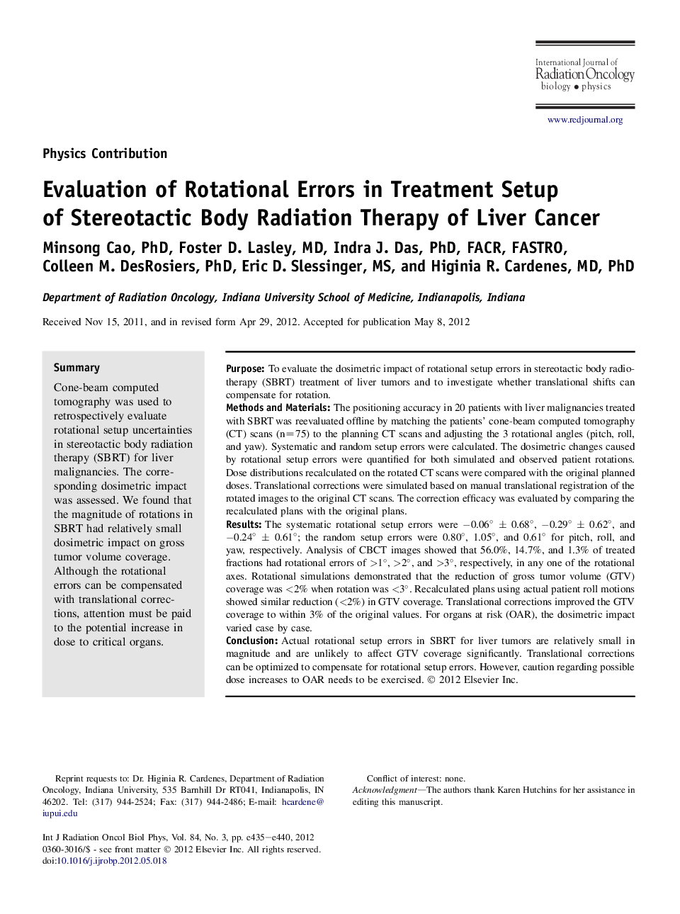 عکس صفحه اول مقاله: Evaluation of Rotational Errors in Treatment Setup of Stereotactic Body Radiation Therapy of Liver Cancer Evaluation of Rotational Errors in Treatment Setup of Stereotactic Body Radiation Therapy of Liver Cancer