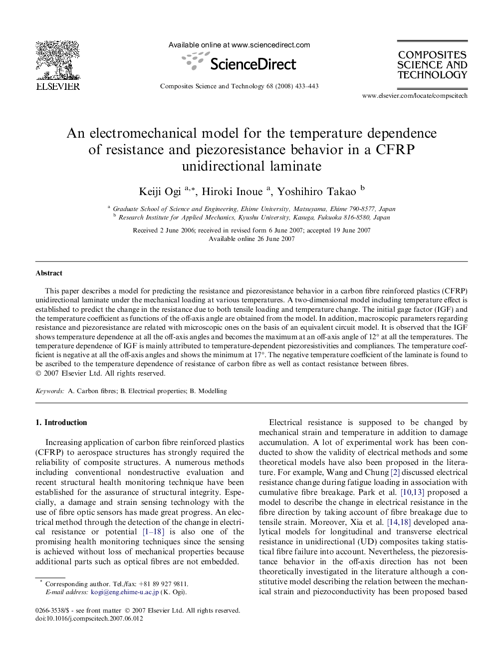 An electromechanical model for the temperature dependence of resistance and piezoresistance behavior in a CFRP unidirectional laminate