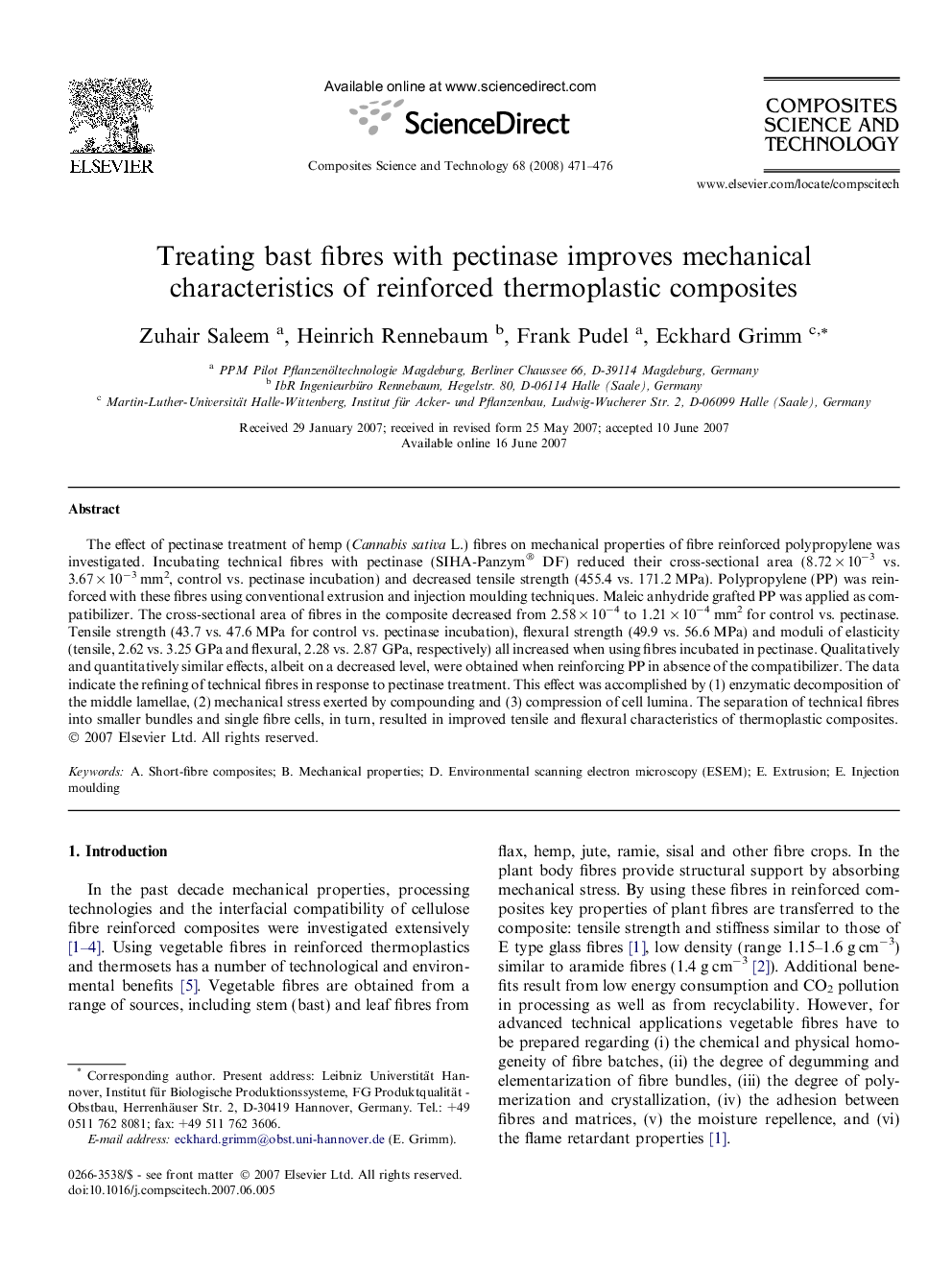 Treating bast fibres with pectinase improves mechanical characteristics of reinforced thermoplastic composites