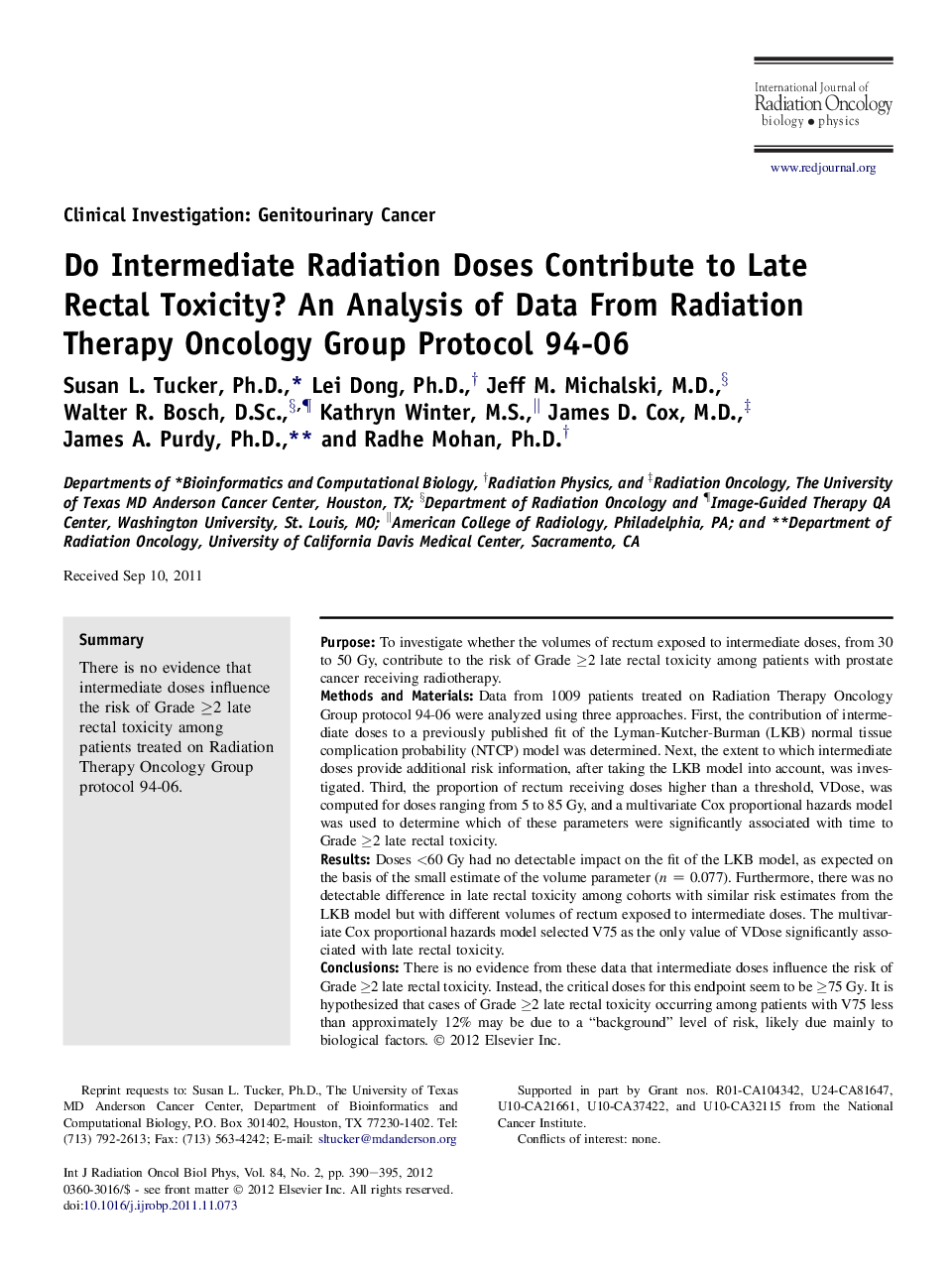 Do Intermediate Radiation Doses Contribute to Late Rectal Toxicity? An Analysis of Data From Radiation Therapy Oncology Group Protocol 94-06