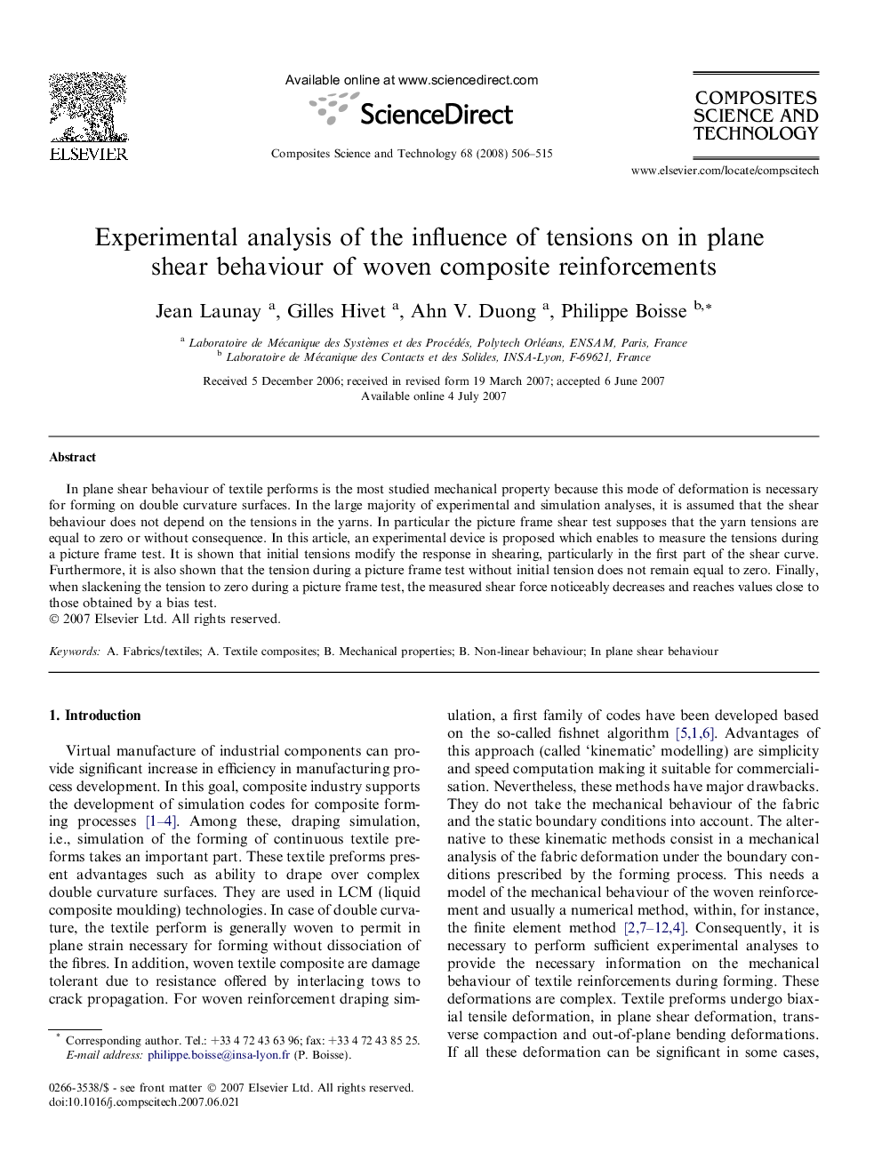 Experimental analysis of the influence of tensions on in plane shear behaviour of woven composite reinforcements