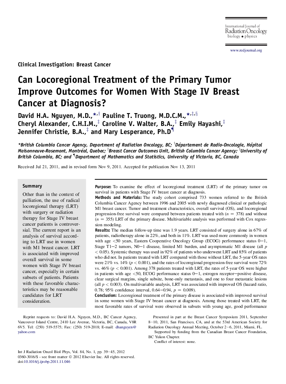 Can Locoregional Treatment of the Primary Tumor Improve Outcomes for Women With Stage IV Breast Cancer at Diagnosis?