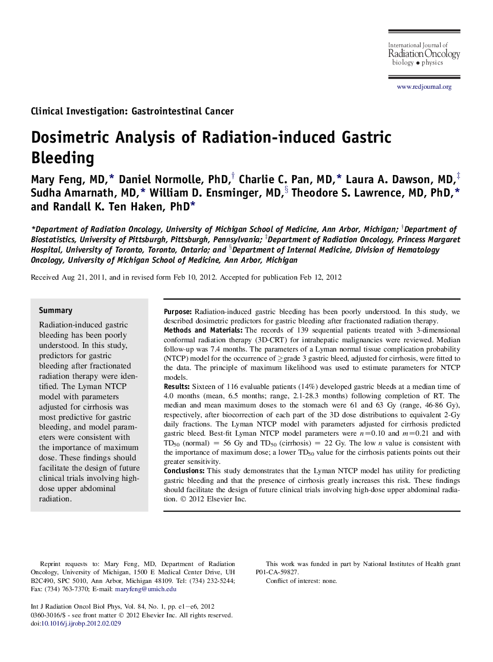 Dosimetric Analysis of Radiation-induced Gastric Bleeding