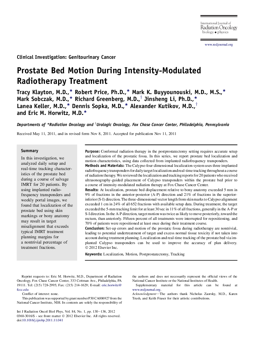 Prostate Bed Motion During Intensity-Modulated Radiotherapy Treatment