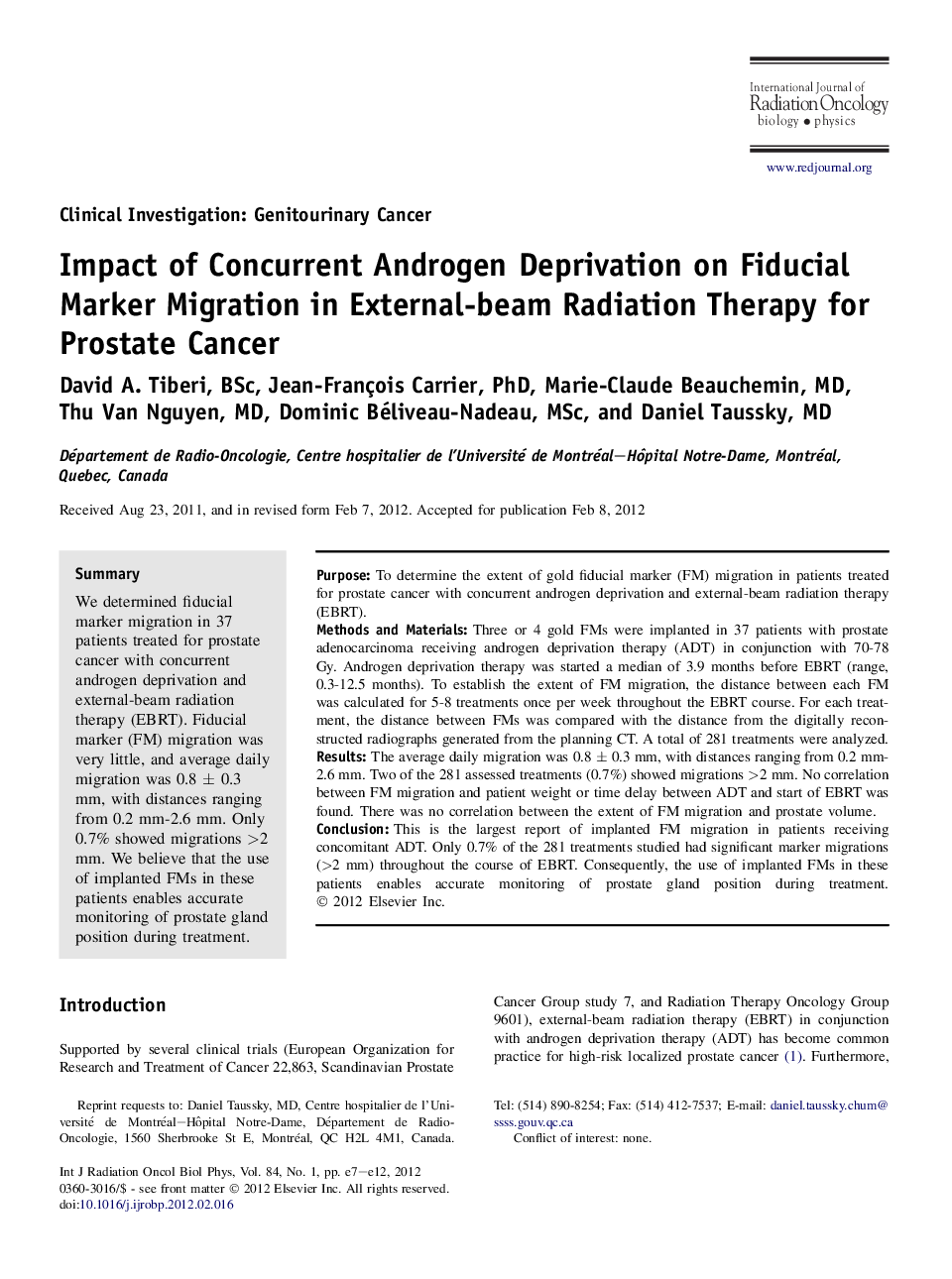 عکس صفحه اول مقاله: Impact of Concurrent Androgen Deprivation on Fiducial Marker Migration in External-beam Radiation Therapy for Prostate Cancer Impact of Concurrent Androgen Deprivation on Fiducial Marker Migration in External-beam Radiation Therapy for Prostate Cancer