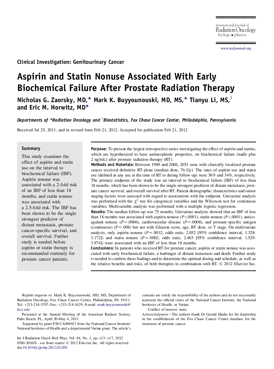 عکس صفحه اول مقاله: Aspirin and Statin Nonuse Associated With Early Biochemical Failure After Prostate Radiation Therapy Aspirin and Statin Nonuse Associated With Early Biochemical Failure After Prostate Radiation Therapy