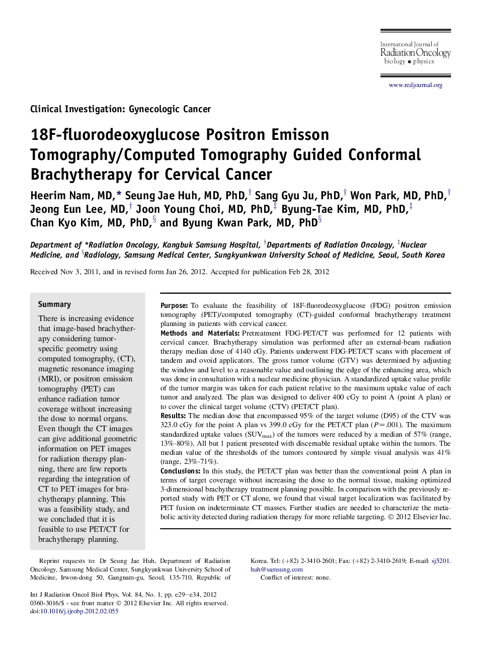 18F-fluorodeoxyglucose Positron Emisson Tomography/Computed Tomography Guided Conformal Brachytherapy for Cervical Cancer