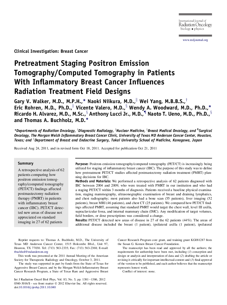 عکس صفحه اول مقاله: Pretreatment Staging Positron Emission Tomography/Computed Tomography in Patients With Inflammatory Breast Cancer Influences Radiation Treatment Field Designs Pretreatment Staging Positron Emission Tomography/Computed Tomography in Patients With Inflammatory Breast Cancer Influences Radiation Treatment Field Designs