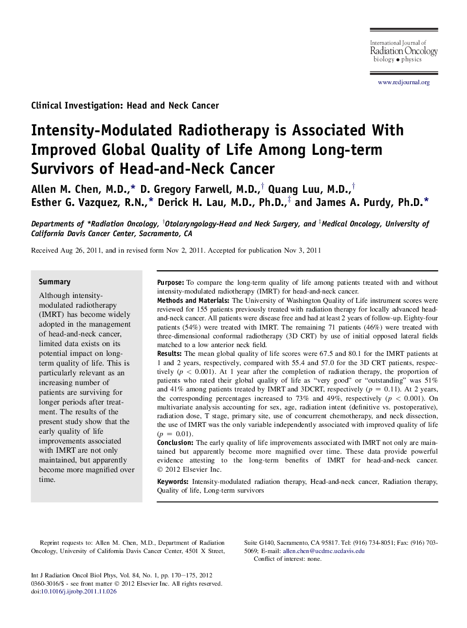 Intensity-Modulated Radiotherapy is Associated With Improved Global Quality of Life Among Long-term Survivors of Head-and-Neck Cancer