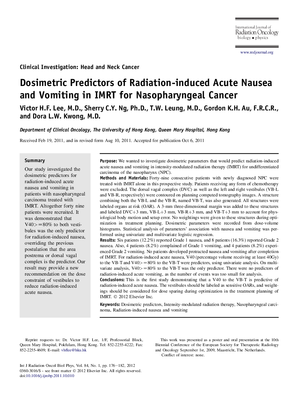 Dosimetric Predictors of Radiation-induced Acute Nausea and Vomiting in IMRT for Nasopharyngeal Cancer