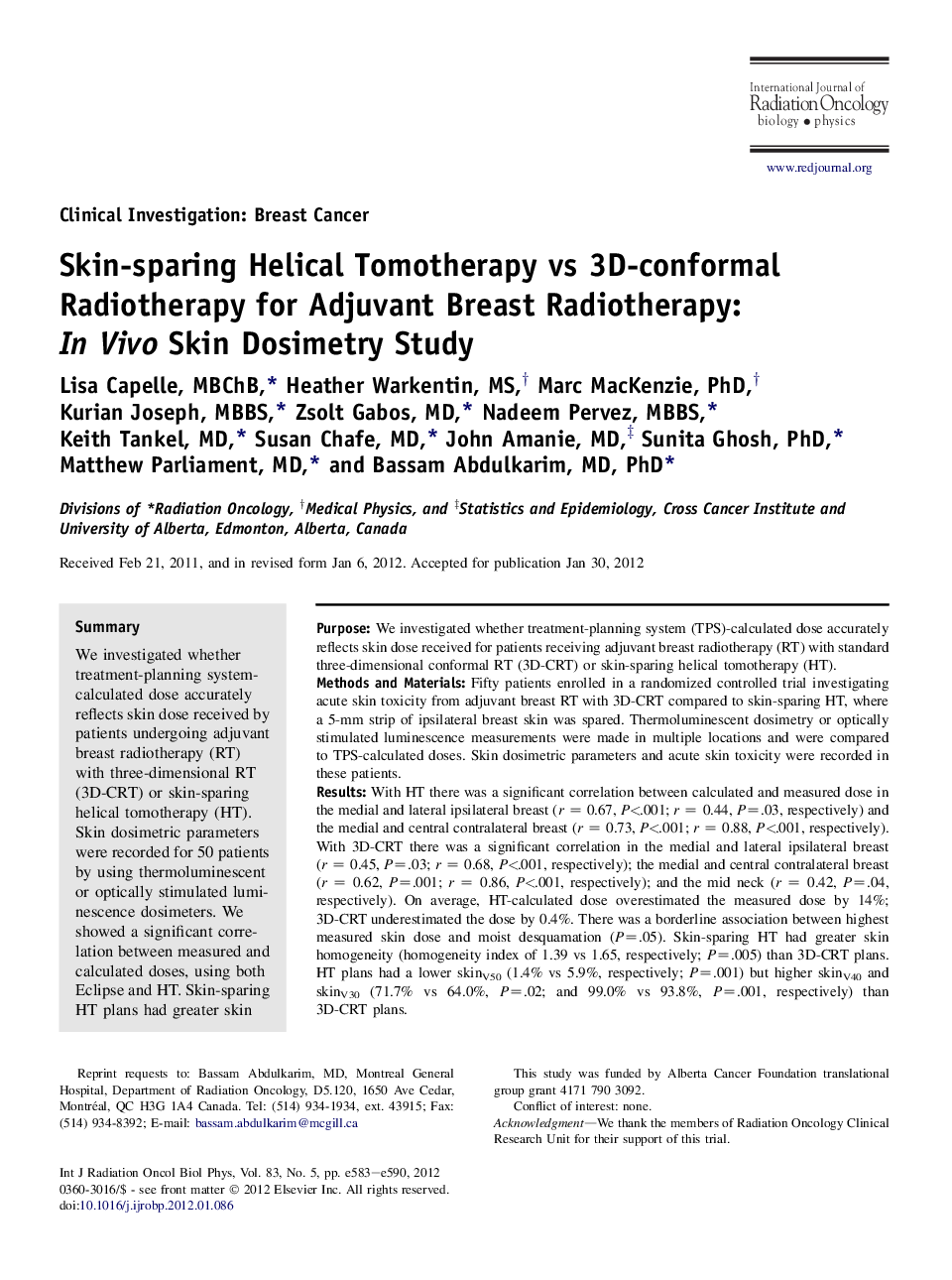 Skin-sparing Helical Tomotherapy vs 3D-conformal Radiotherapy for Adjuvant Breast Radiotherapy: InÂ Vivo Skin Dosimetry Study