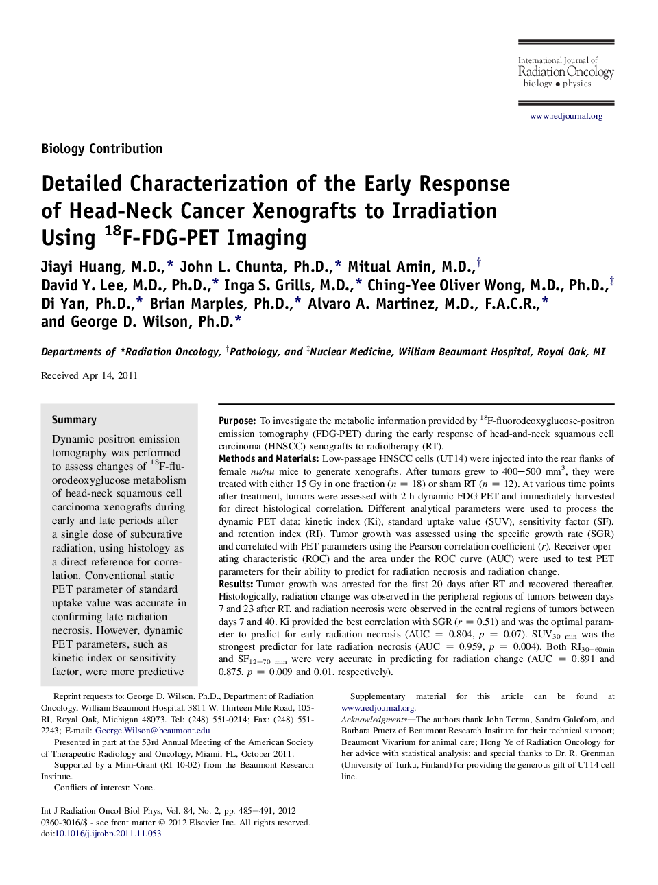 Detailed Characterization of the Early Response of Head-Neck Cancer Xenografts to Irradiation Using 18F-FDG-PET Imaging