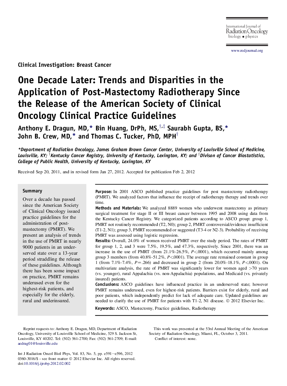 One Decade Later: Trends and Disparities in the Application of Post-Mastectomy Radiotherapy Since the Release of the American Society of Clinical Oncology Clinical Practice Guidelines