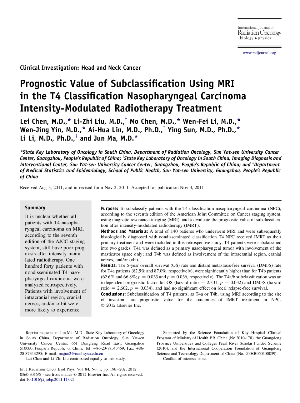 Prognostic Value of Subclassification Using MRI in the T4 Classification Nasopharyngeal Carcinoma Intensity-Modulated Radiotherapy Treatment