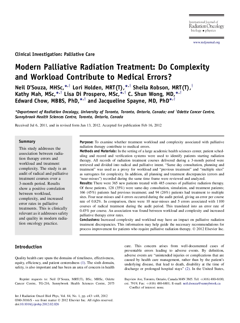 عکس صفحه اول مقاله: Modern Palliative Radiation Treatment: Do Complexity and Workload Contribute to Medical Errors? Modern Palliative Radiation Treatment: Do Complexity and Workload Contribute to Medical Errors?