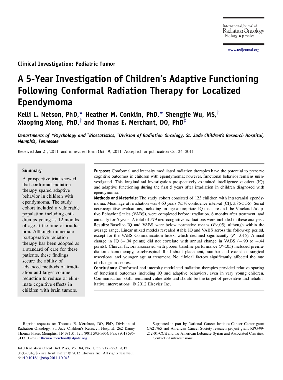 عکس صفحه اول مقاله: A 5-Year Investigation of Children's Adaptive Functioning Following Conformal Radiation Therapy for Localized Ependymoma A 5-Year Investigation of Children's Adaptive Functioning Following Conformal Radiation Therapy for Localized Ependymoma