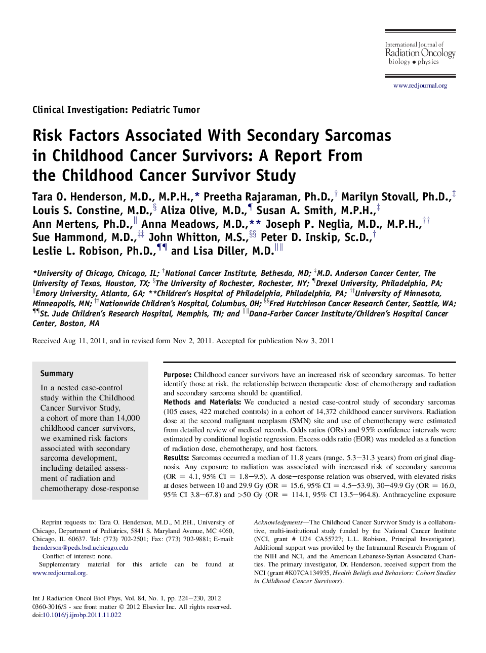 عکس صفحه اول مقاله: Risk Factors Associated With Secondary Sarcomas in Childhood Cancer Survivors: A Report From the Childhood Cancer Survivor Study Risk Factors Associated With Secondary Sarcomas in Childhood Cancer Survivors: A Report From the Childhood Cancer Survivor Study