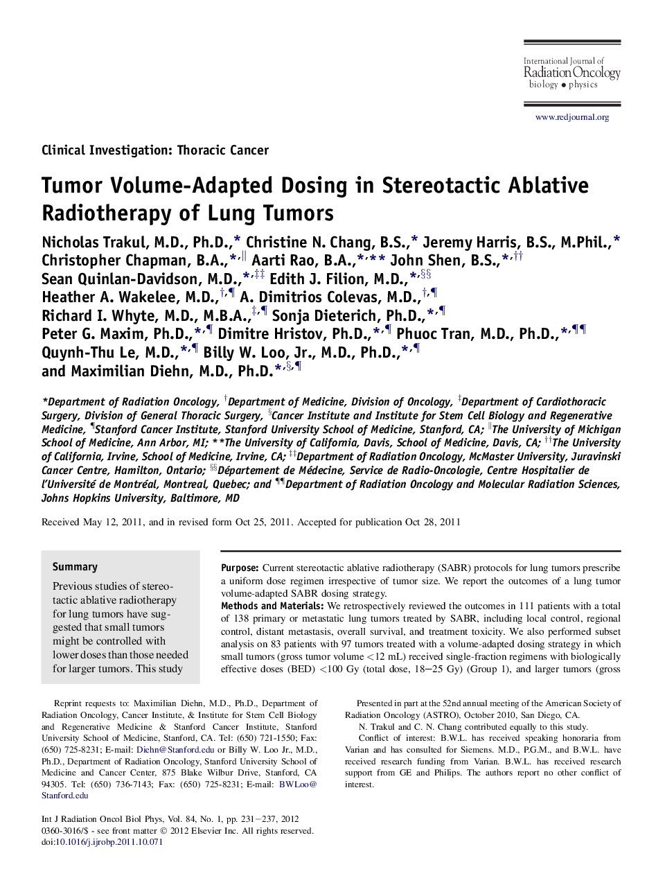 Tumor Volume-Adapted Dosing in Stereotactic Ablative Radiotherapy of Lung Tumors