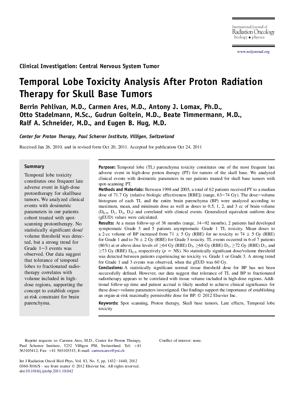 Temporal Lobe Toxicity Analysis After Proton Radiation Therapy for Skull Base Tumors