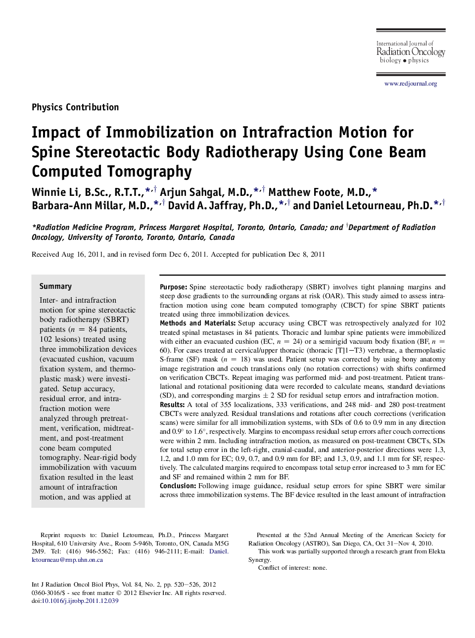 Impact of Immobilization on Intrafraction Motion for Spine Stereotactic Body Radiotherapy Using Cone Beam Computed Tomography