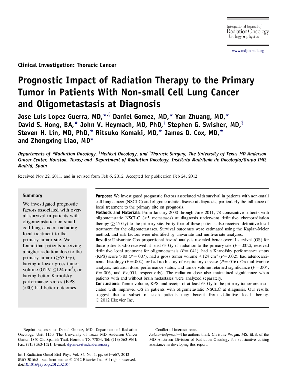 Prognostic Impact of Radiation Therapy to the Primary Tumor in Patients With Non-small Cell Lung Cancer and Oligometastasis at Diagnosis