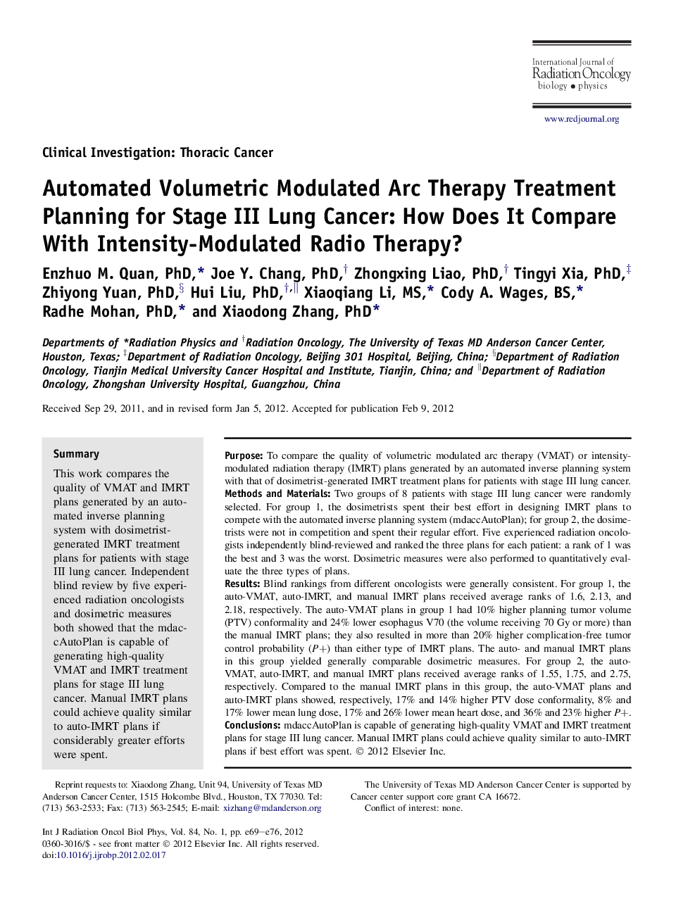 عکس صفحه اول مقاله: Automated Volumetric Modulated Arc Therapy Treatment Planning for Stage III Lung Cancer: How Does It Compare With Intensity-Modulated Radio Therapy? Automated Volumetric Modulated Arc Therapy Treatment Planning for Stage III Lung Cancer: How Does It Compare With Intensity-Modulated Radio Therapy?
