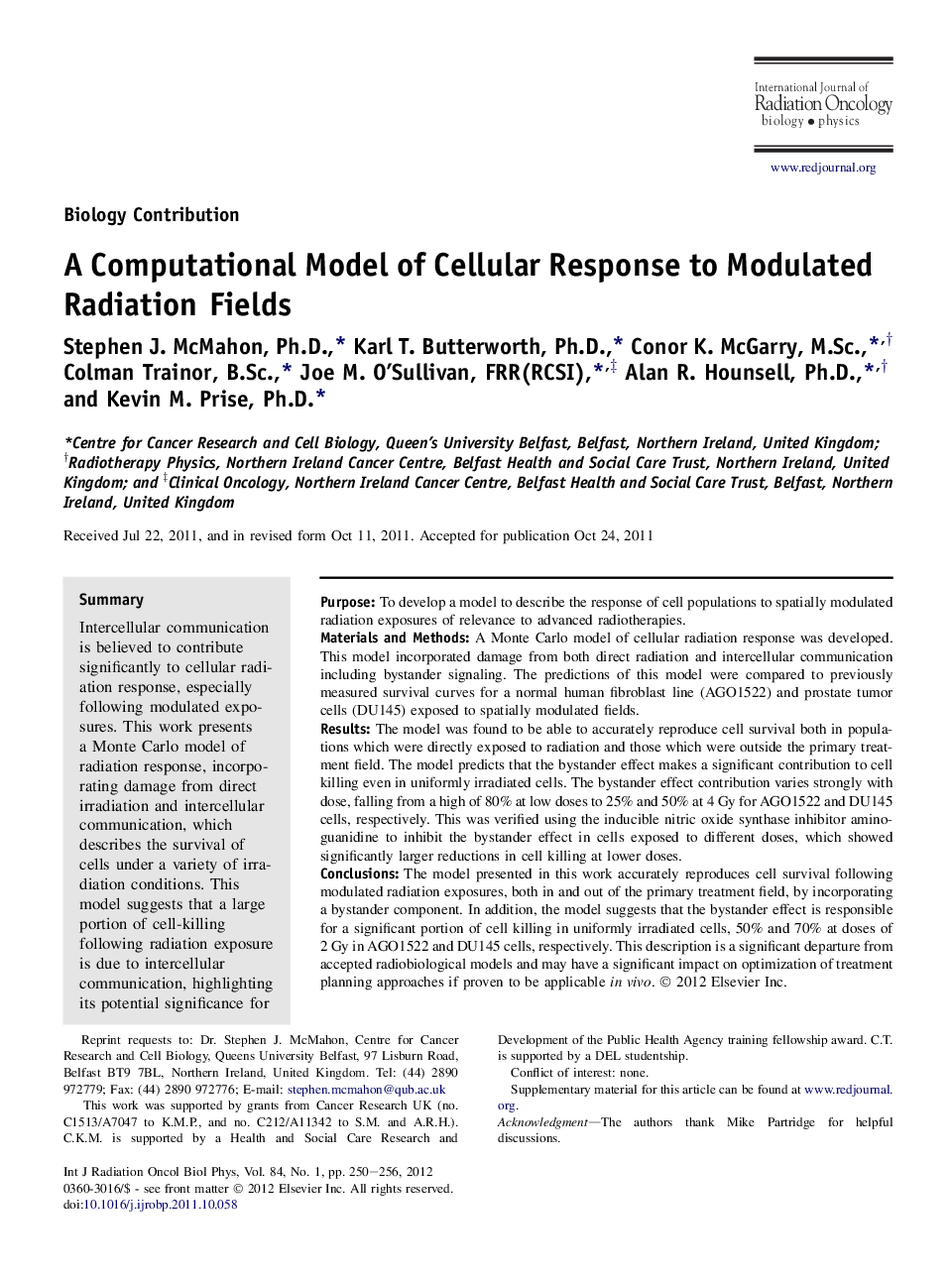 A Computational Model of Cellular Response to Modulated Radiation Fields