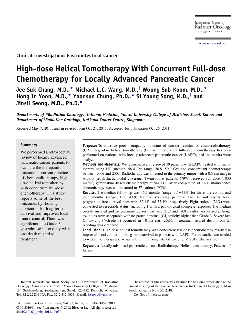 High-dose Helical Tomotherapy With Concurrent Full-dose Chemotherapy for Locally Advanced Pancreatic Cancer