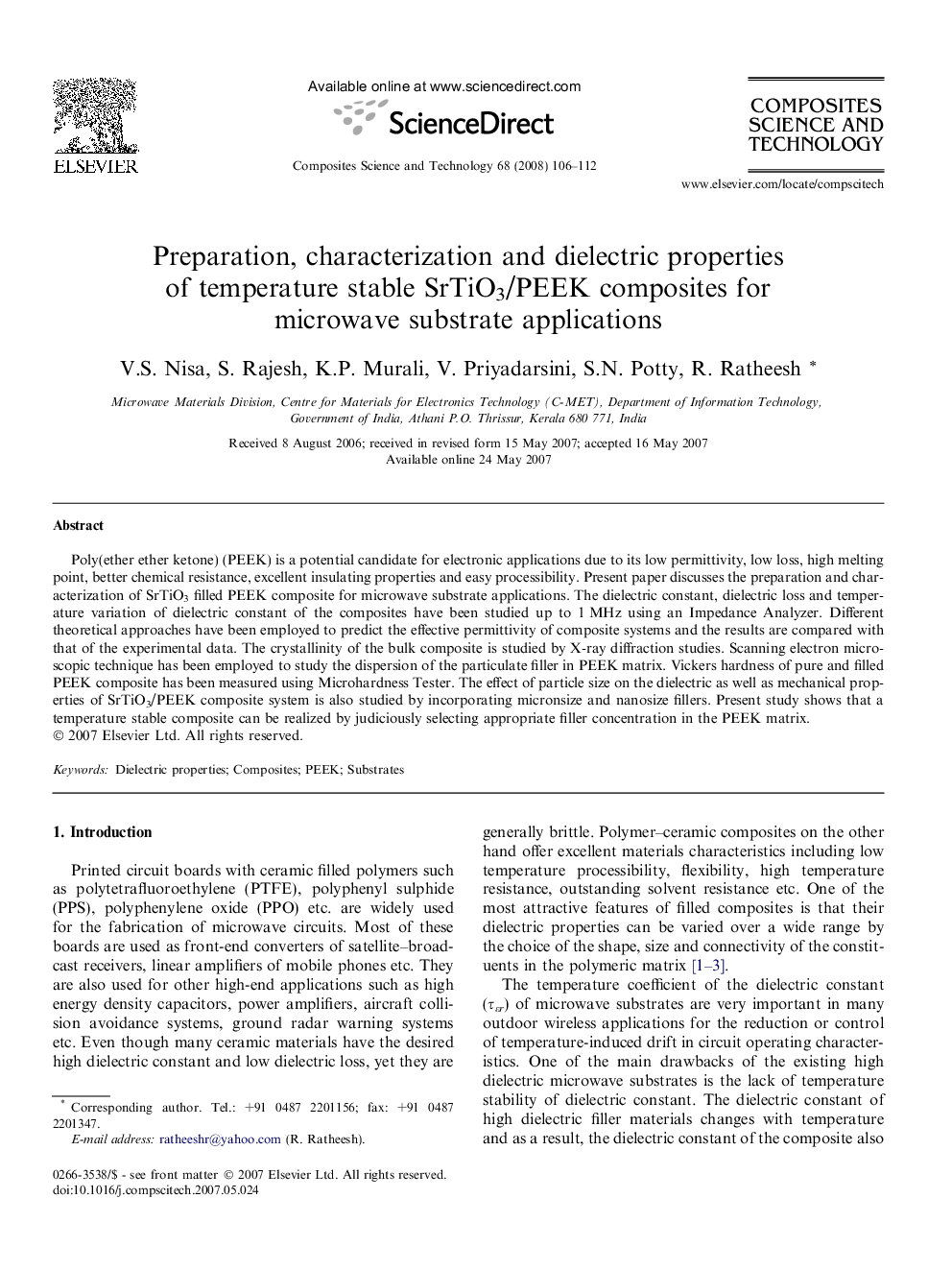 Preparation, characterization and dielectric properties of temperature stable SrTiO3/PEEK composites for microwave substrate applications