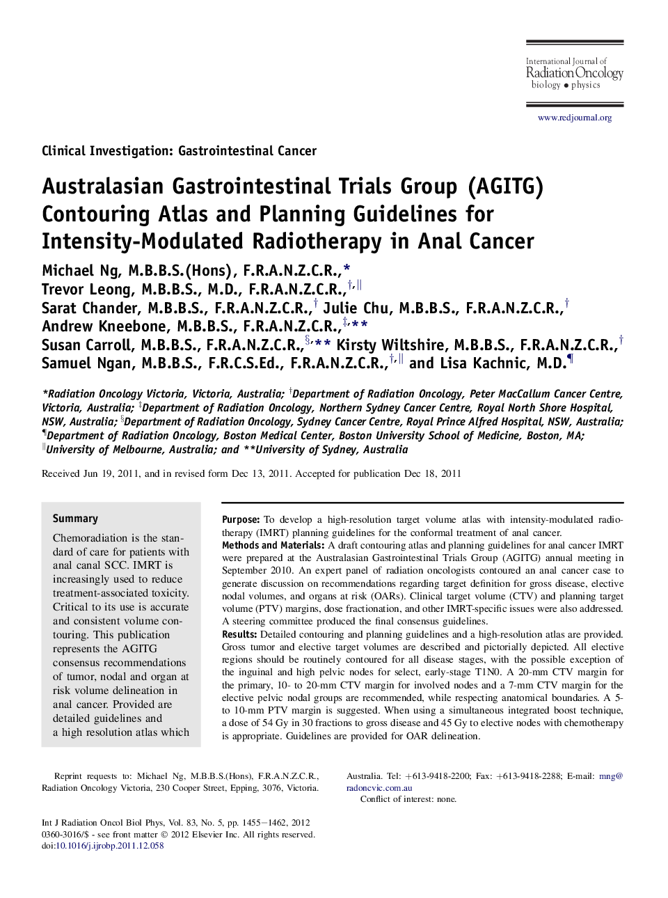 Australasian Gastrointestinal Trials Group (AGITG) Contouring Atlas and Planning Guidelines for Intensity-Modulated Radiotherapy in Anal Cancer