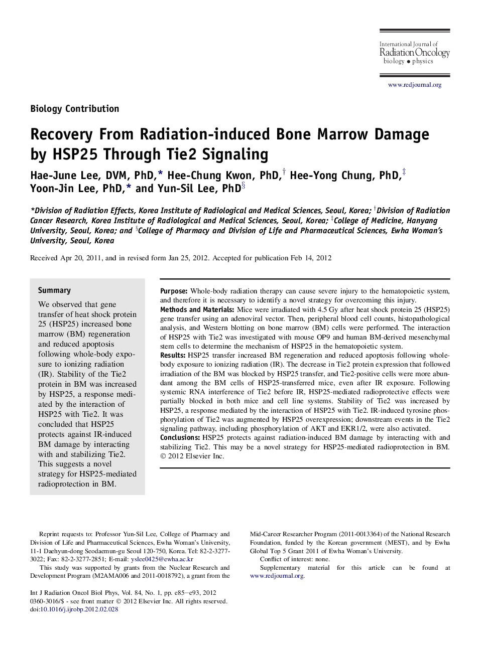 عکس صفحه اول مقاله: Recovery From Radiation-induced Bone Marrow Damage by HSP25 Through Tie2 Signaling Recovery From Radiation-induced Bone Marrow Damage by HSP25 Through Tie2 Signaling