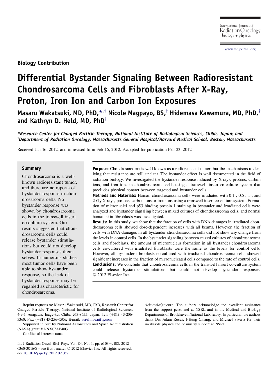 عکس صفحه اول مقاله: Differential Bystander Signaling Between Radioresistant Chondrosarcoma Cells and Fibroblasts After X-Ray, Proton, Iron Ion and Carbon Ion Exposures Differential Bystander Signaling Between Radioresistant Chondrosarcoma Cells and Fibroblasts After X-Ray, Proton, Iron Ion and Carbon Ion Exposures