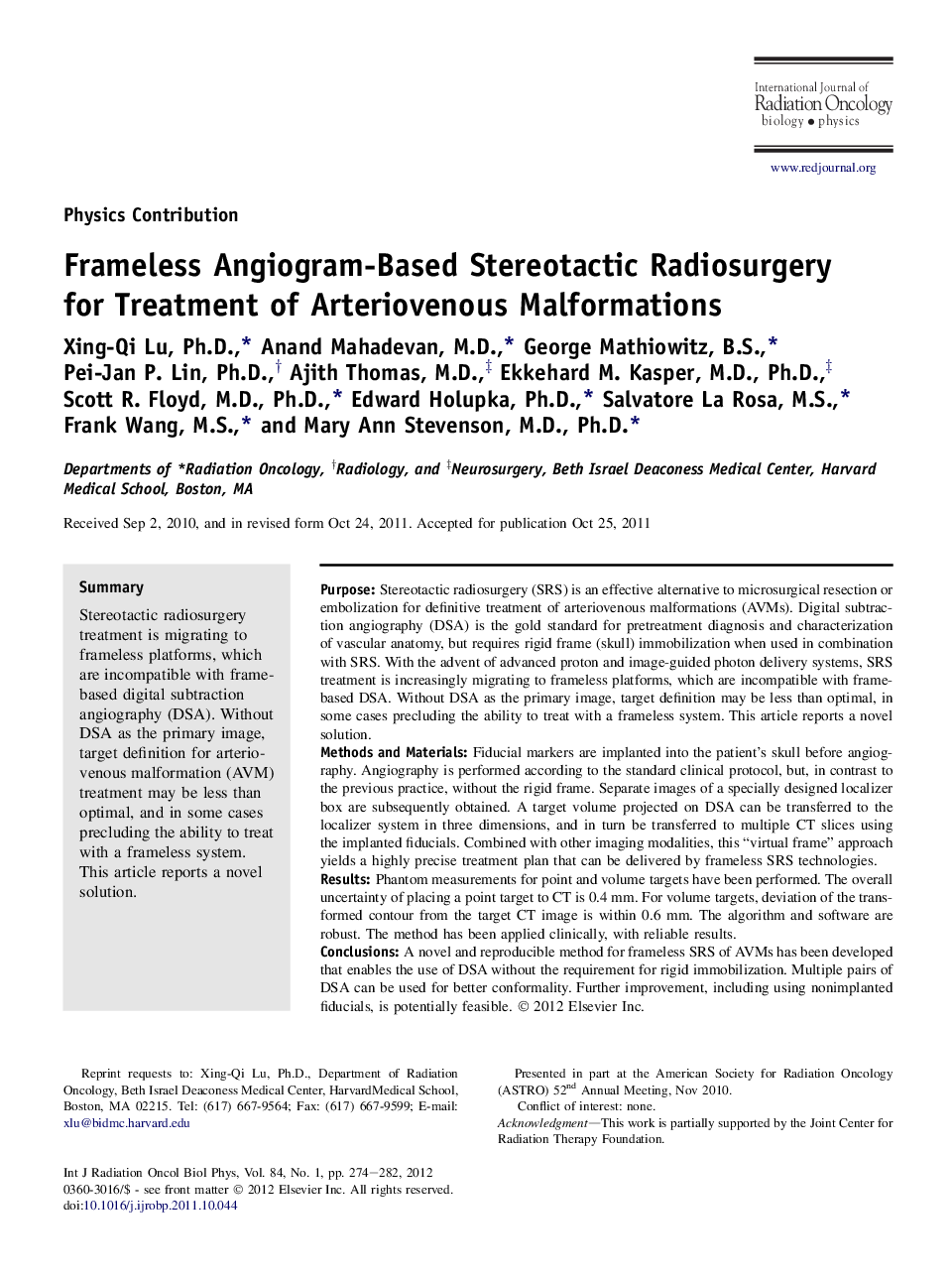 Frameless Angiogram-Based Stereotactic Radiosurgery for Treatment of Arteriovenous Malformations