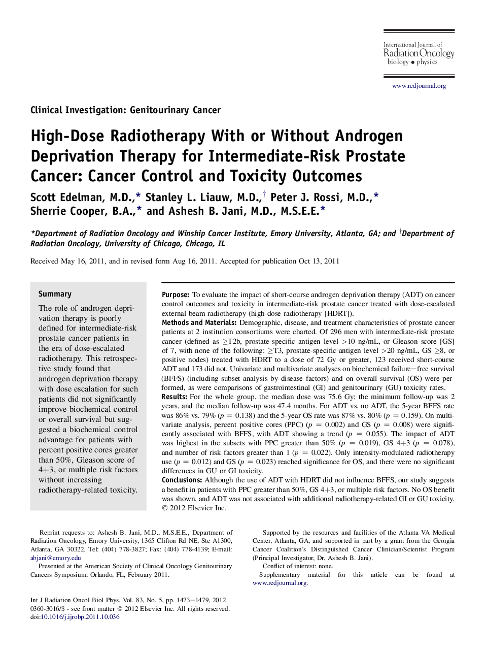 High-Dose Radiotherapy With or Without Androgen Deprivation Therapy for Intermediate-Risk Prostate Cancer: Cancer Control and Toxicity Outcomes