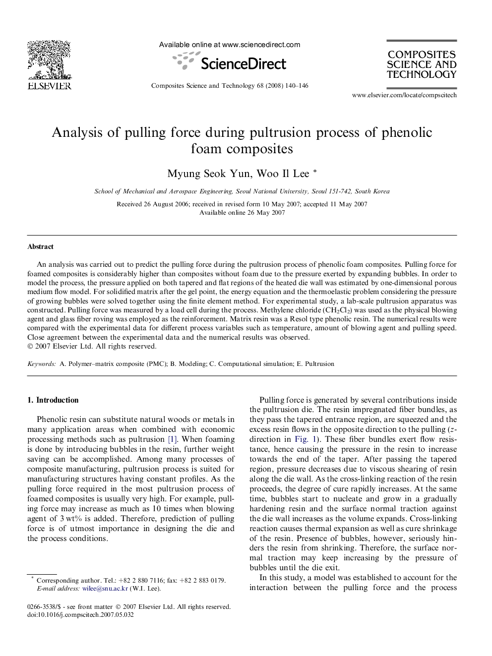 Analysis of pulling force during pultrusion process of phenolic foam composites