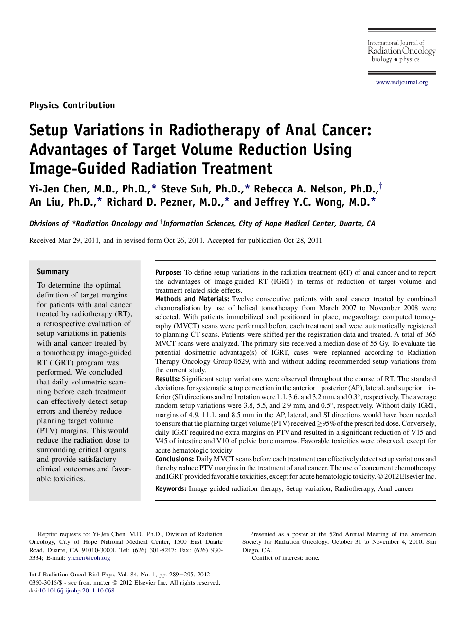 عکس صفحه اول مقاله: Setup Variations in Radiotherapy of Anal Cancer: Advantages of Target Volume Reduction Using Image-Guided Radiation Treatment Setup Variations in Radiotherapy of Anal Cancer: Advantages of Target Volume Reduction Using Image-Guided Radiation Treatment