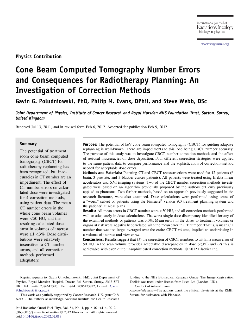 عکس صفحه اول مقاله: Cone Beam Computed Tomography Number Errors and Consequences for Radiotherapy Planning: An Investigation of Correction Methods Cone Beam Computed Tomography Number Errors and Consequences for Radiotherapy Planning: An Investigation of Correction Methods