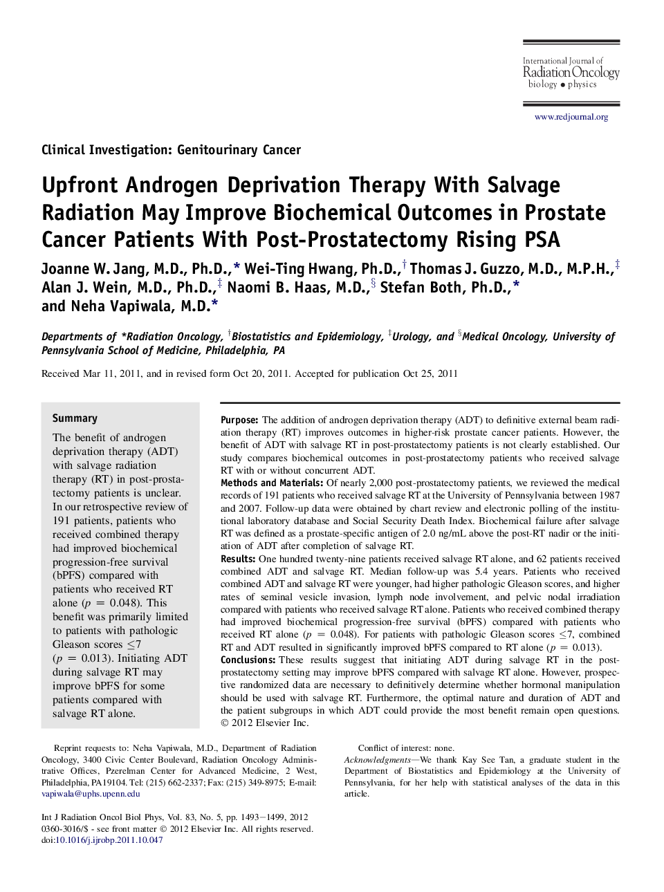 Upfront Androgen Deprivation Therapy With Salvage Radiation May Improve Biochemical Outcomes in Prostate Cancer Patients With Post-Prostatectomy Rising PSA