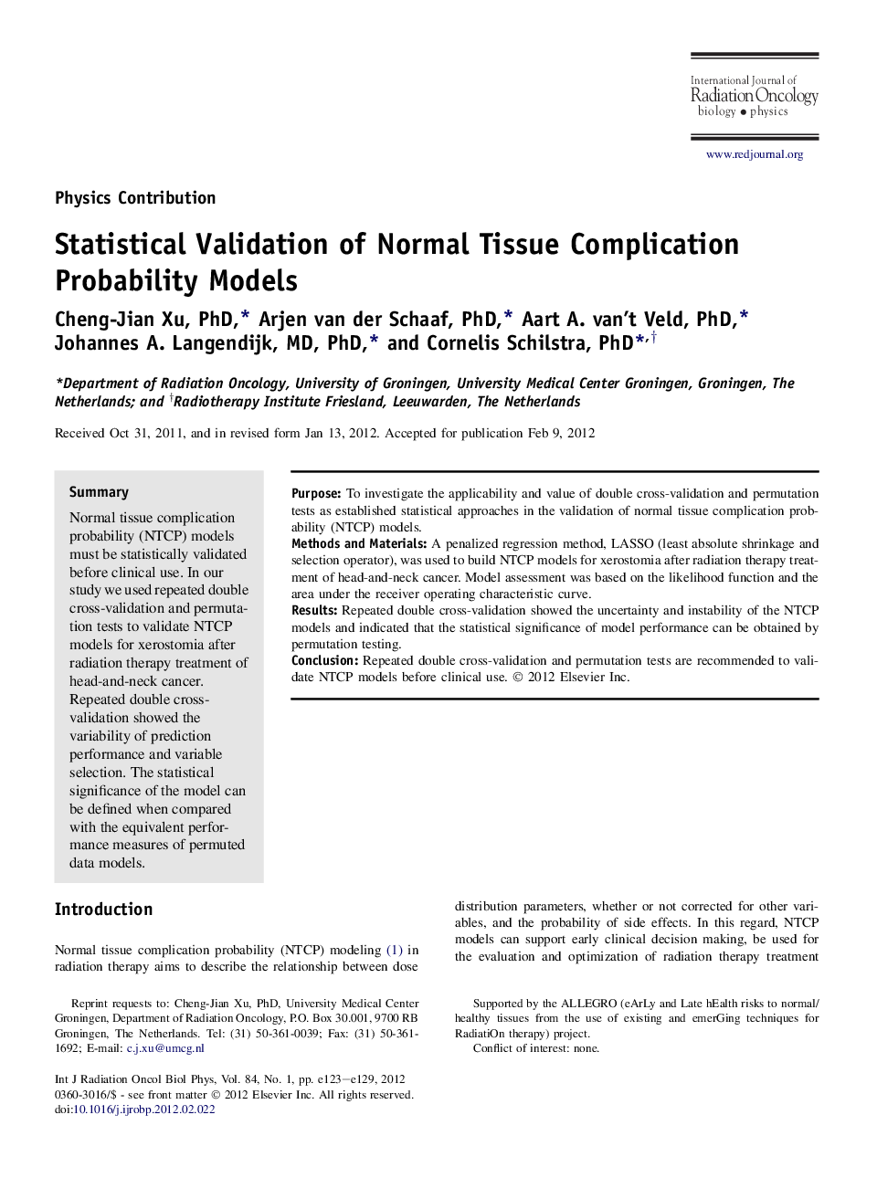 عکس صفحه اول مقاله: Statistical Validation of Normal Tissue Complication Probability Models Statistical Validation of Normal Tissue Complication Probability Models