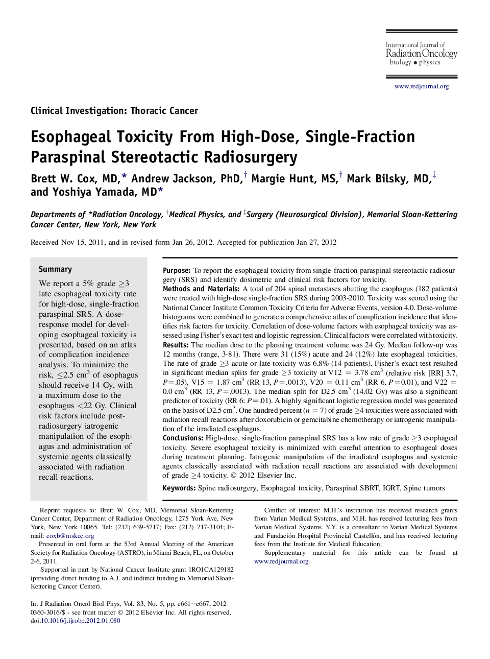 Esophageal Toxicity From High-Dose, Single-Fraction Paraspinal Stereotactic Radiosurgery