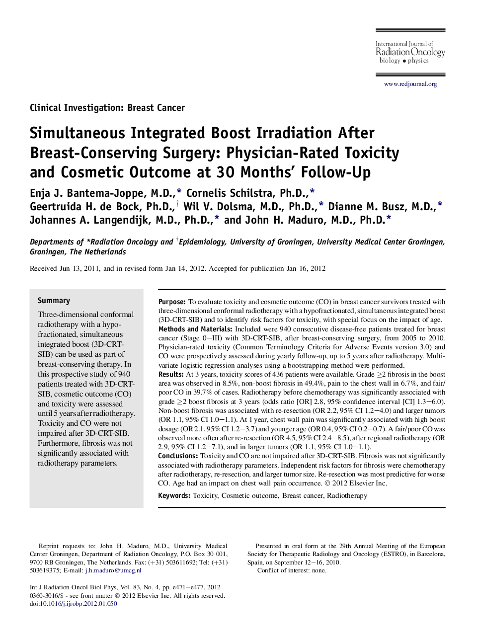 Simultaneous Integrated Boost Irradiation After Breast-Conserving Surgery: Physician-Rated Toxicity andÂ Cosmetic Outcome at 30 Months' Follow-Up