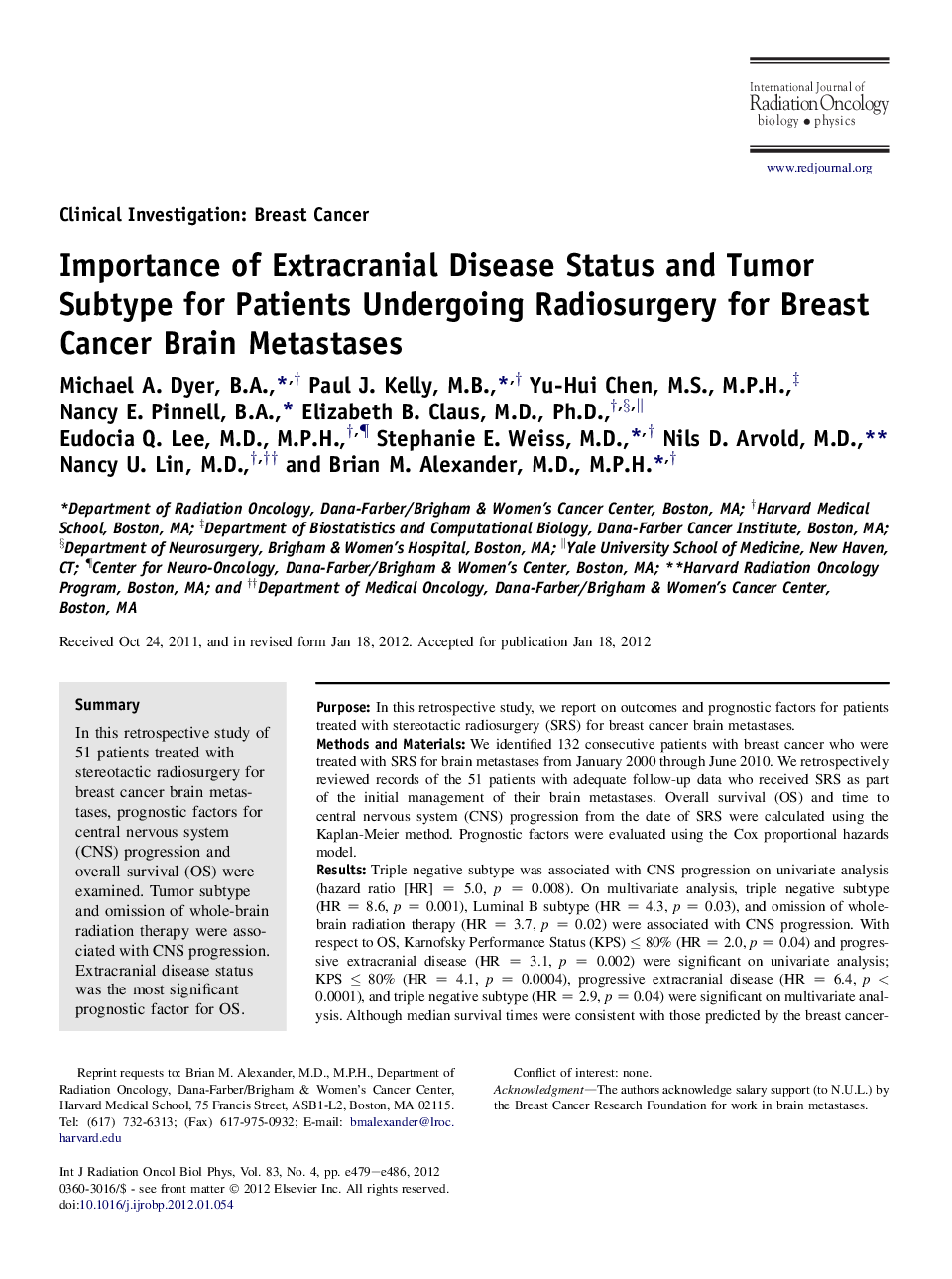 Importance of Extracranial Disease Status and Tumor Subtype for Patients Undergoing Radiosurgery for Breast Cancer Brain Metastases