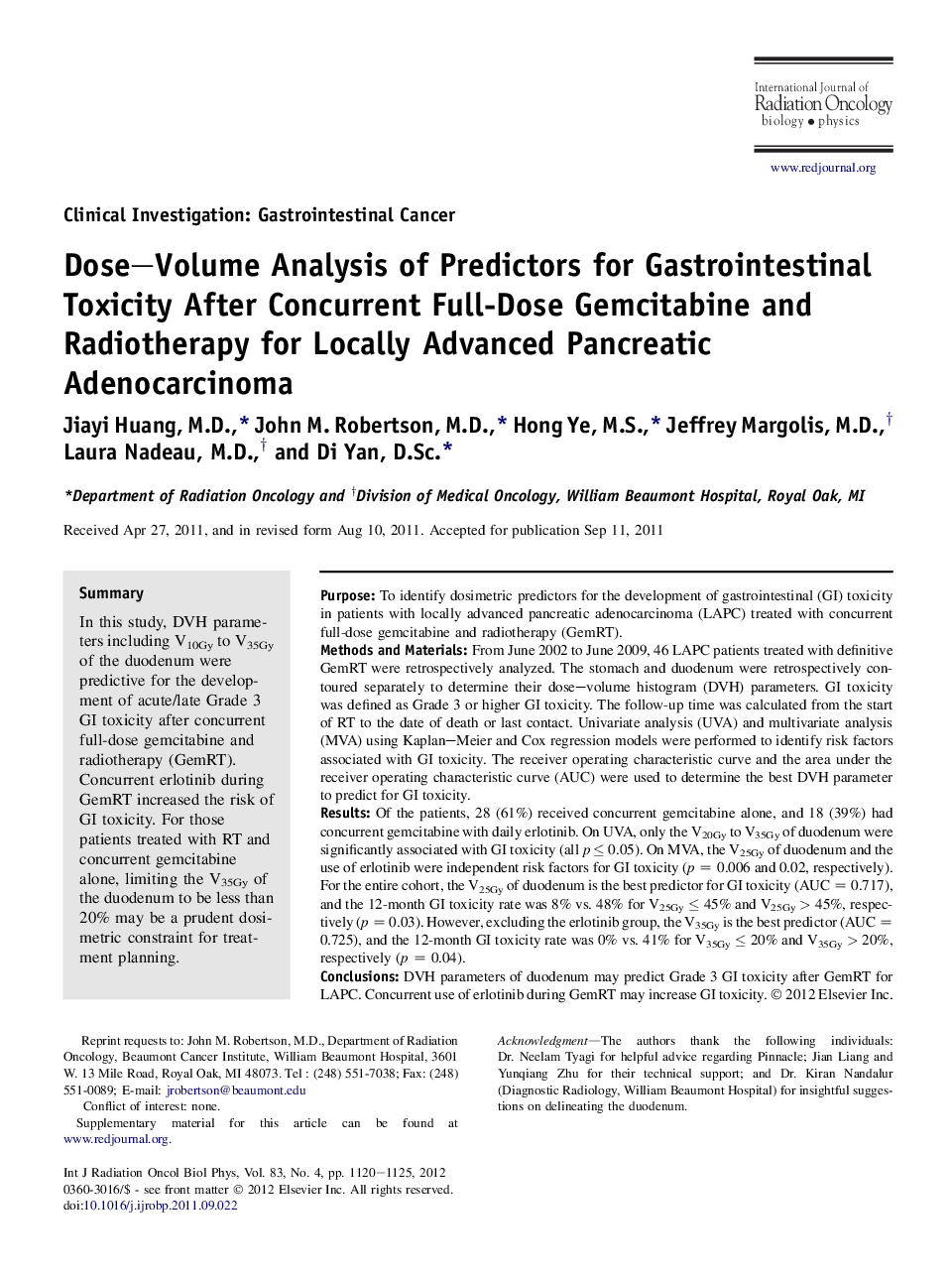 Dose-Volume Analysis of Predictors for Gastrointestinal Toxicity After Concurrent Full-Dose Gemcitabine and Radiotherapy for Locally Advanced Pancreatic Adenocarcinoma