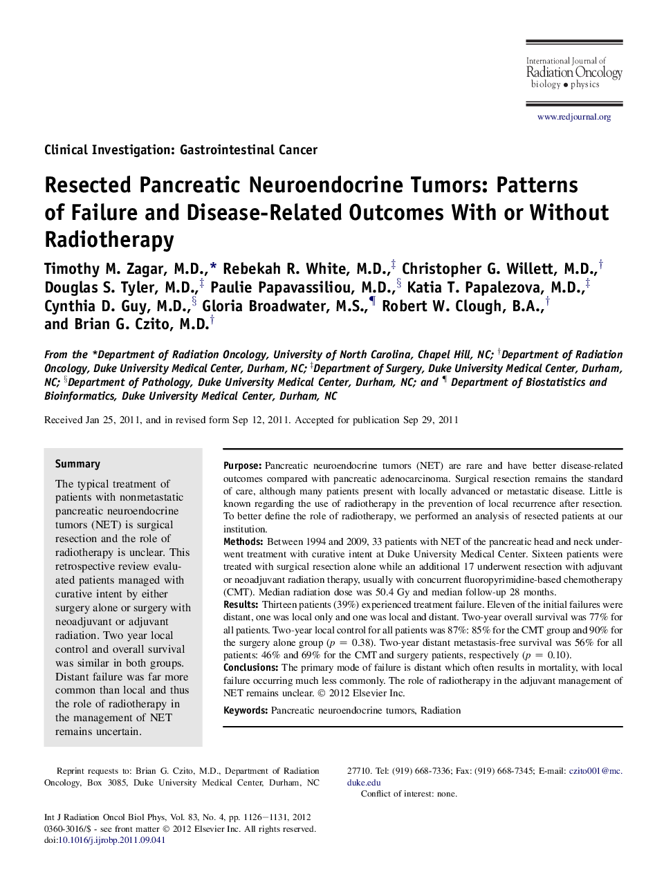 Resected Pancreatic Neuroendocrine Tumors: Patterns of Failure and Disease-Related Outcomes With or Without Radiotherapy