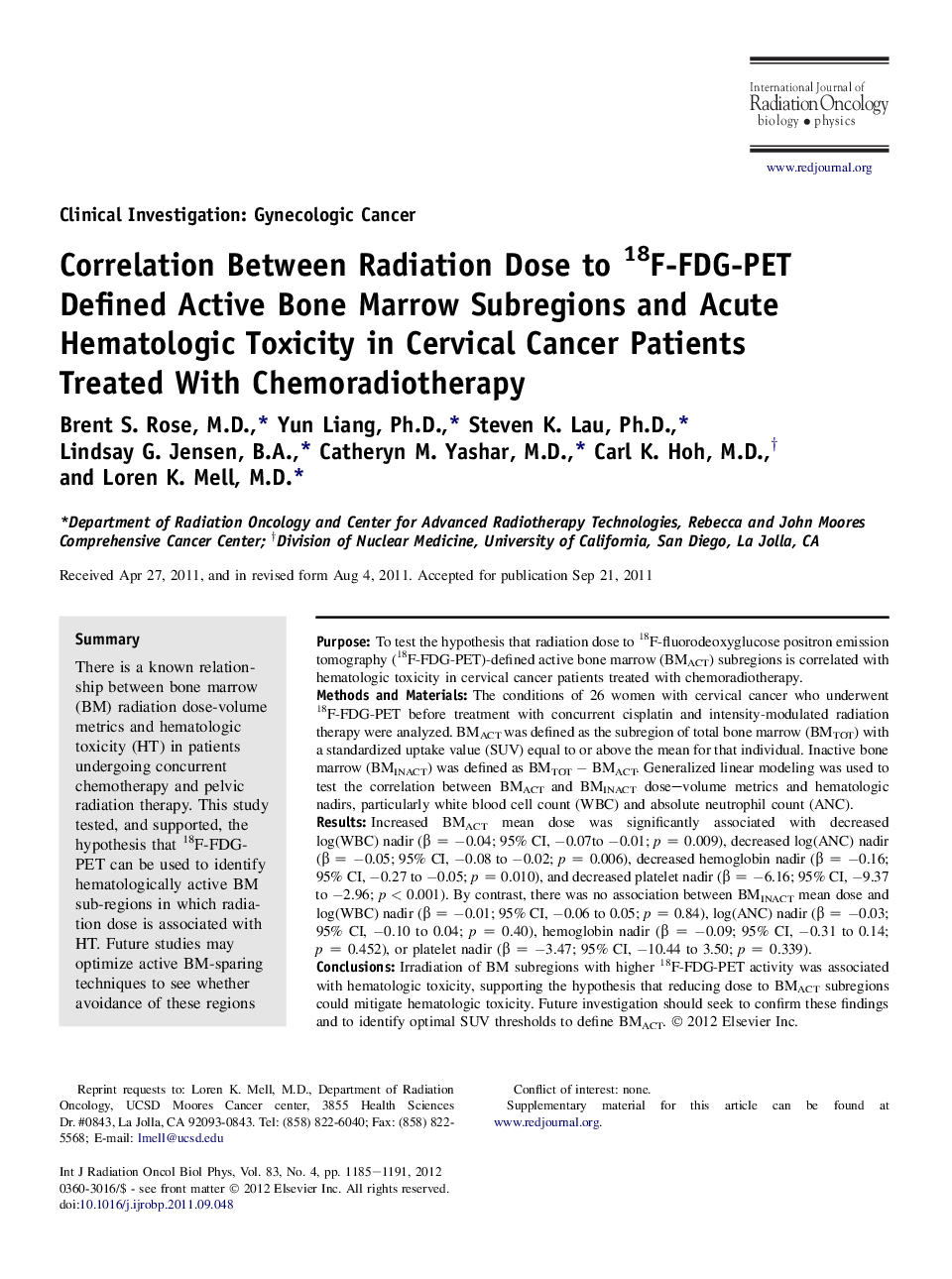 Correlation Between Radiation Dose to 18F-FDG-PET Defined Active Bone Marrow Subregions and Acute Hematologic Toxicity in Cervical Cancer Patients Treated With Chemoradiotherapy