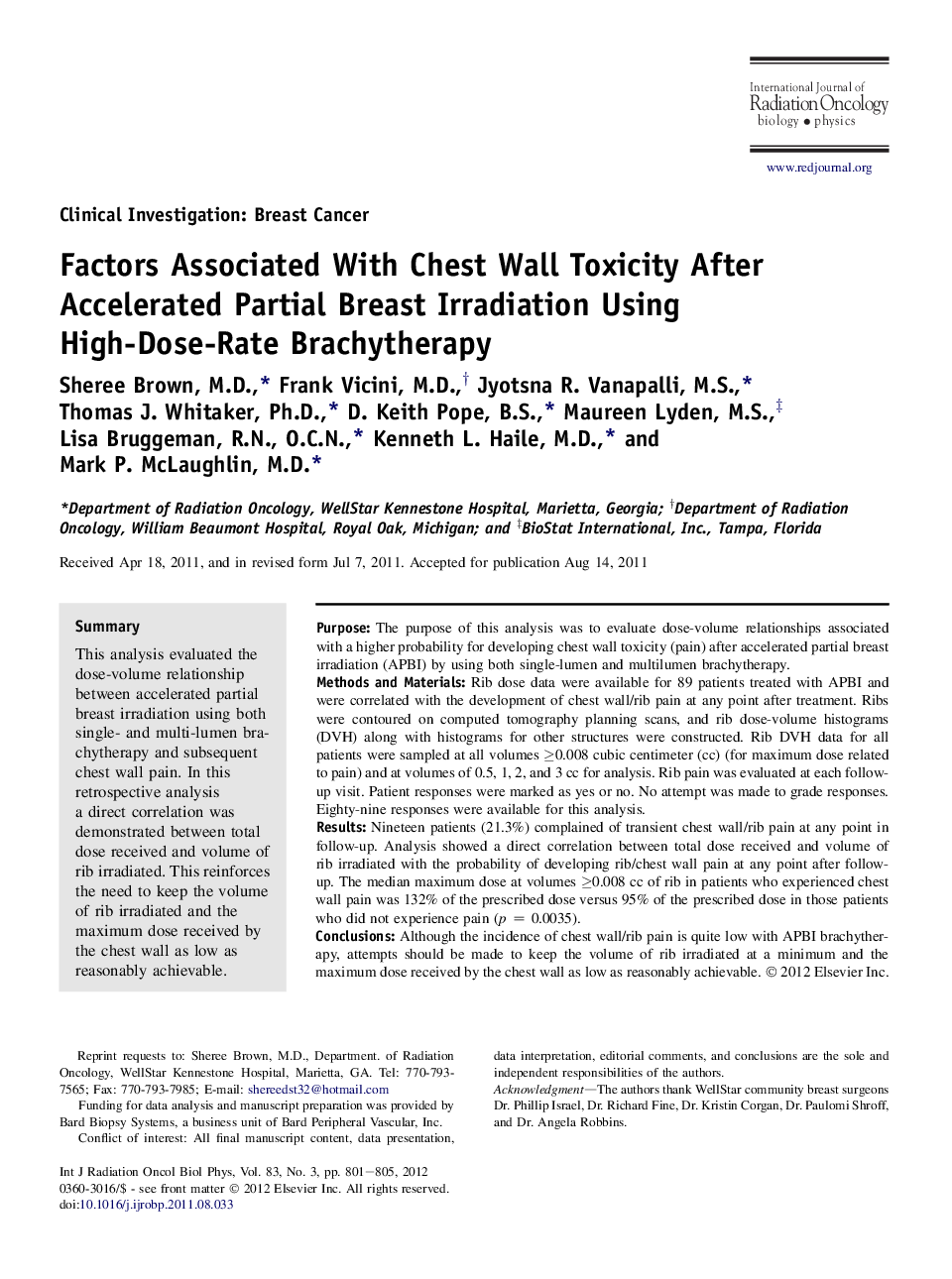 Factors Associated With Chest Wall Toxicity After Accelerated Partial Breast Irradiation Using High-Dose-Rate Brachytherapy