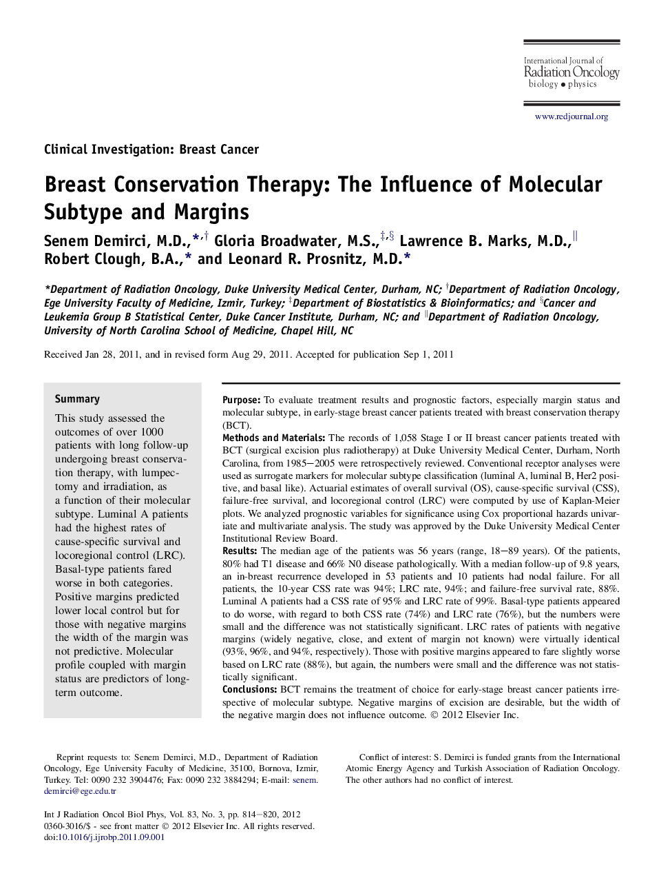 Breast Conservation Therapy: The Influence of Molecular Subtype and Margins