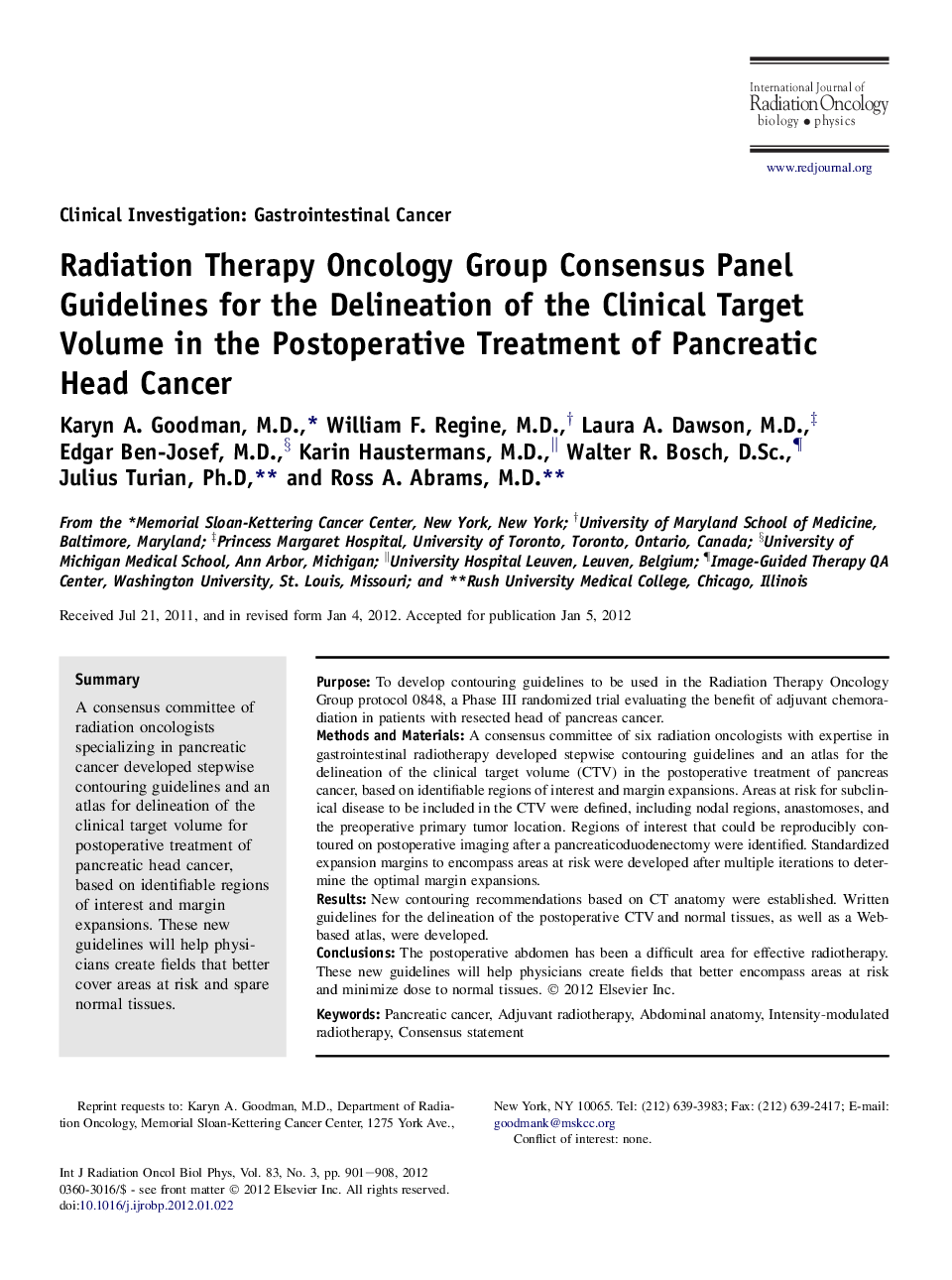 Radiation Therapy Oncology Group Consensus Panel Guidelines for the Delineation of the Clinical Target Volume in the Postoperative Treatment of Pancreatic Head Cancer