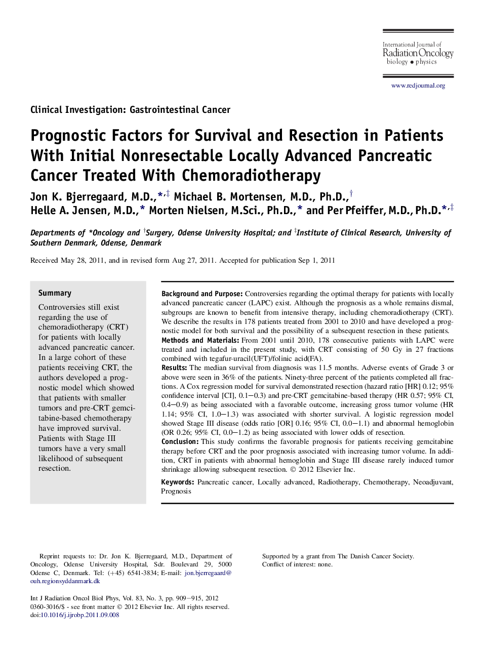 عکس صفحه اول مقاله: Prognostic Factors for Survival and Resection in Patients With Initial Nonresectable Locally Advanced Pancreatic Cancer Treated With Chemoradiotherapy Prognostic Factors for Survival and Resection in Patients With Initial Nonresectable Locally Advanced Pancreatic Cancer Treated With Chemoradiotherapy