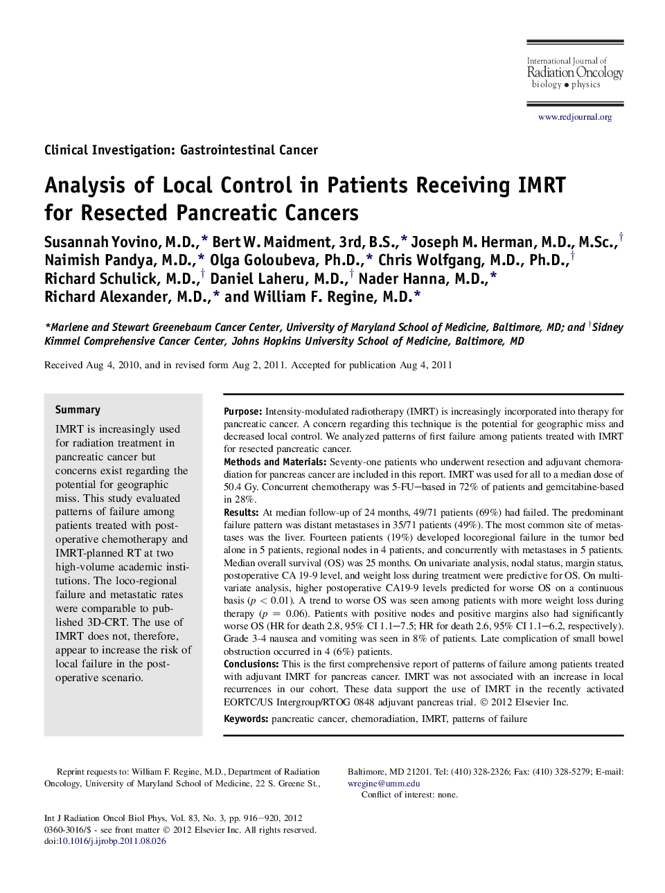 Analysis of Local Control in Patients Receiving IMRT for Resected Pancreatic Cancers